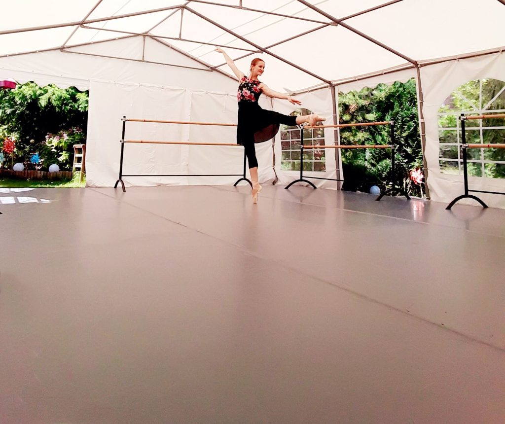 Franziska Rengger dancing on her outdoor Harlequin floor